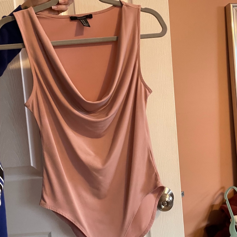 Blush pink cowl neck bodysuit.